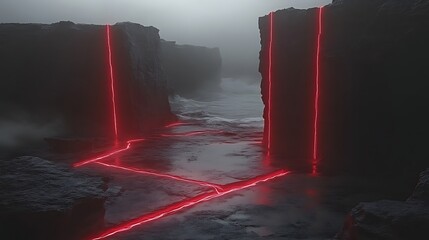 Red neon lights illuminate a dark rocky landscape