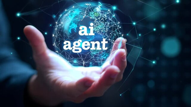 Hand holding a ball with the word AI Agent written on it. Concept of a person holding a powerful tool or technology, possibly related to artificial intelligence. Scene is one of control and mastery