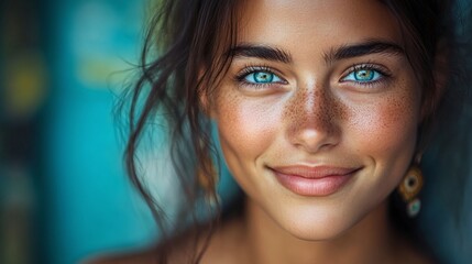 a warm and cheerful woman with a radiant smile, capturing her beauty, elegance, and joyful personality in a stylish and expressive portrait with soft lighting