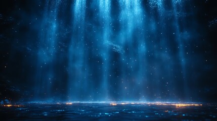 Abstract Blue Light Beams Over Water Surface