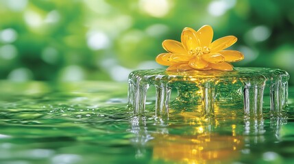 Golden flower atop a cascading water fountain