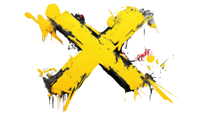 Big yellow x cross sign with dripping black paint on transparent background