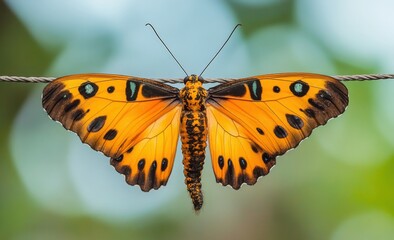 Obraz premium Colorful butterflies and caterpillars hanging on a wire in the breeze