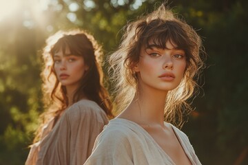 Fototapeta premium Two young women with long brown hair, wearing light beige dresses, stand outdoors in golden sunlight.