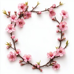 Obraz premium Delicate Pink Cherry Blossom Circle Frame On White Background