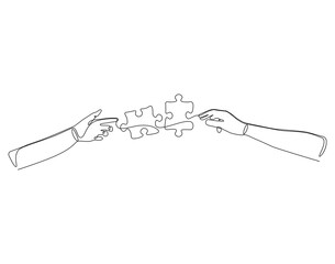 Continuous one line drawing of hand with puzzle. One line drawing illustration of hand combined with puzzle. Problem solving concept single line. Editable outline