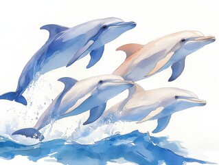 Dolphins leaping together ocean waves digital art underwater setting vibrant colors marine life concept