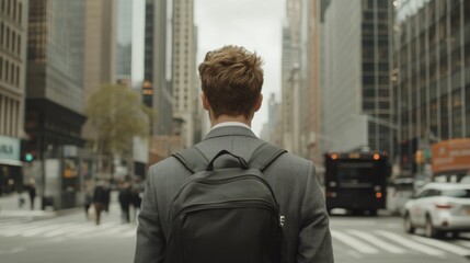 Businessman walking city street, skyscrapers background, career ambition