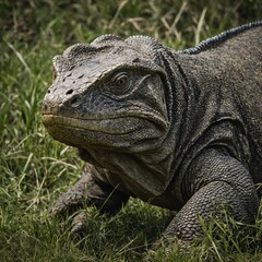 Obraz premium A Komodo dragon prowling through the grass.