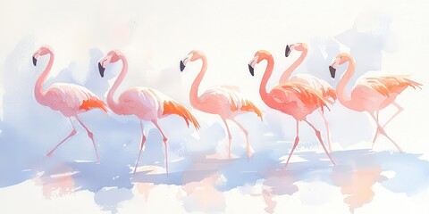 Obraz premium Flamingos walking together tropical wetlands digital art bright colors side view graceful movement