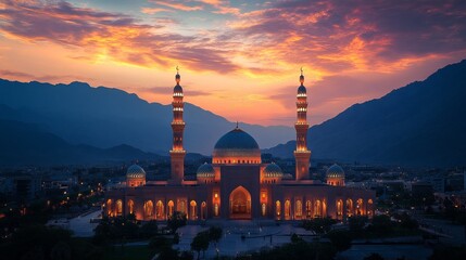 Obraz premium Breathtaking dusk unfolds over a stunning eastern mosque during Ramadan, as colorful sunsets cast golden hues on majestic minarets and tranquil surroundings