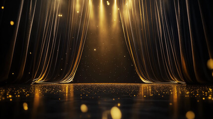 Luxurious stage backdrop with golden curtains and sparkling lights for award ceremonies, theater performances, and elegant event presentations