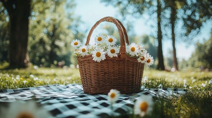 a charming outdoor scene with a rustic wicker picnic basket filled with fresh wild flowers, placed on a tablecloth in a vibrant meadow with trees on a sunny day