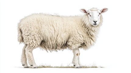 Fluffy White Sheep Standing Gracefully on a Farm Against a Clean White Background