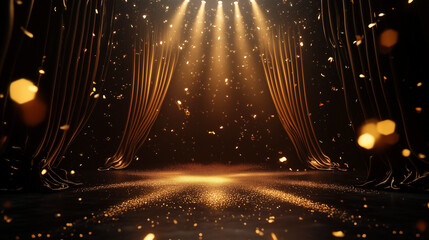 Luxurious stage backdrop with golden curtains and sparkling lights for award ceremonies, theater performances, and elegant event presentations