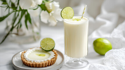 Refreshing key lime smoothie with a mini tart and a lime on a white marble background. Enjoy this treat!