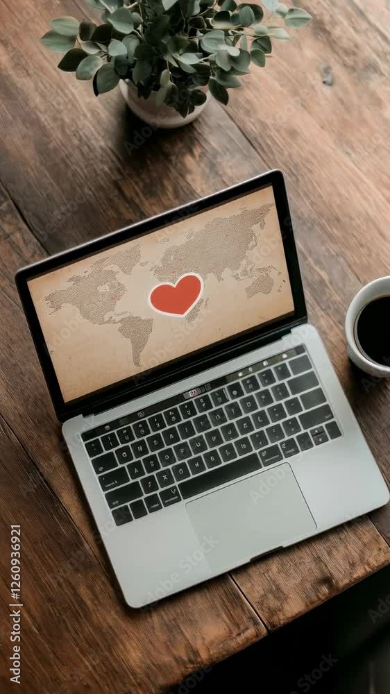 Aufkleber slow motion video of a laptop displaying a world map with a red heart icon, placed on a wooden table
