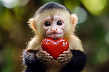 Cute capuchin baby with diamond red heart on in a natural habitat. Capuchin - my treasured animal. Commercial animal concept art. Affectionate wildlife scene. Natureâ€™s love message. Wild lov.