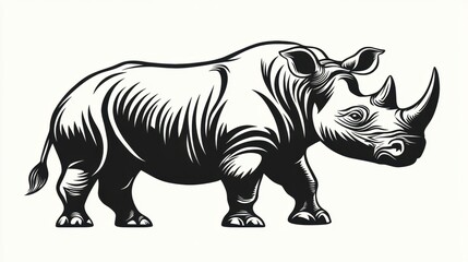 Fototapeta premium Detailed Black Illustration of a Rhinoceros in a Solid Stance with Emphasis on Strength and Size