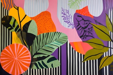 Abstract tropical landscape with geometric patterns, colorful foliage, oversized tropical fruits in pop art flat-color style, with peach, lavender, and lime green hues against dark stripes on a unique
