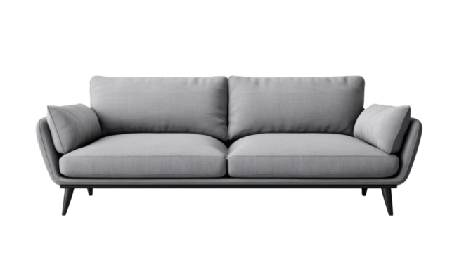 Modern grey sofa isolated on transparent background for interior design projects