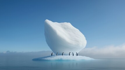 Penguins gathering around a unique iceberg antarctic ocean wildlife serene atmosphere aerial view...