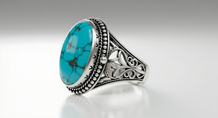 A stunning ring featuring a vibrant turquoise stone in a silver setting, resting elegantly on a white background.