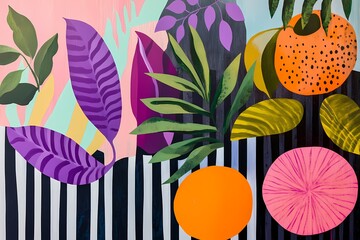 Abstract tropical landscape with geometric patterns, colorful foliage, oversized tropical fruits in pop art flat-color style, with peach, lavender, and lime green hues against dark stripes on a unique
