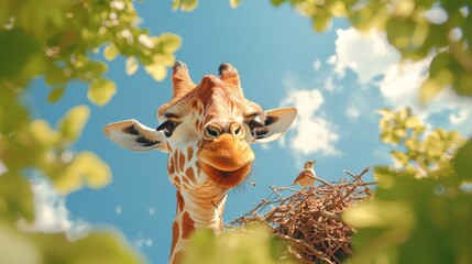 Giraffe curiously observing from nest african savannah wildlife sunny day low angle animal behavior