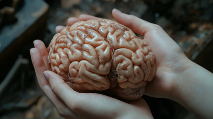 Hands Gently Holding a Human Brain