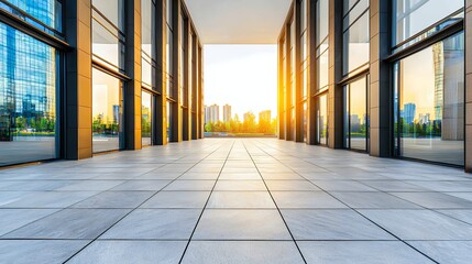 Empty Modern Plaza At Golden Hour With City View