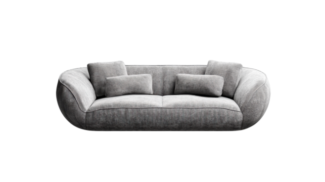 Modern grey sofa with pillows isolated on transparent background - Powered by Adobe