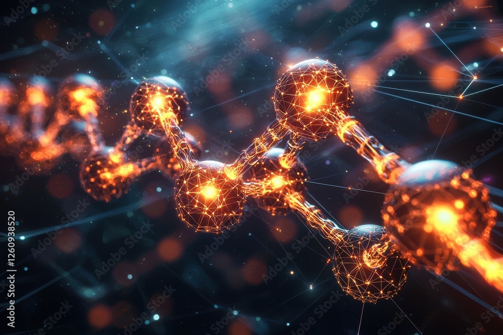 Poster bright abstract network of interconnected glowing nodes and lines with depth of field.