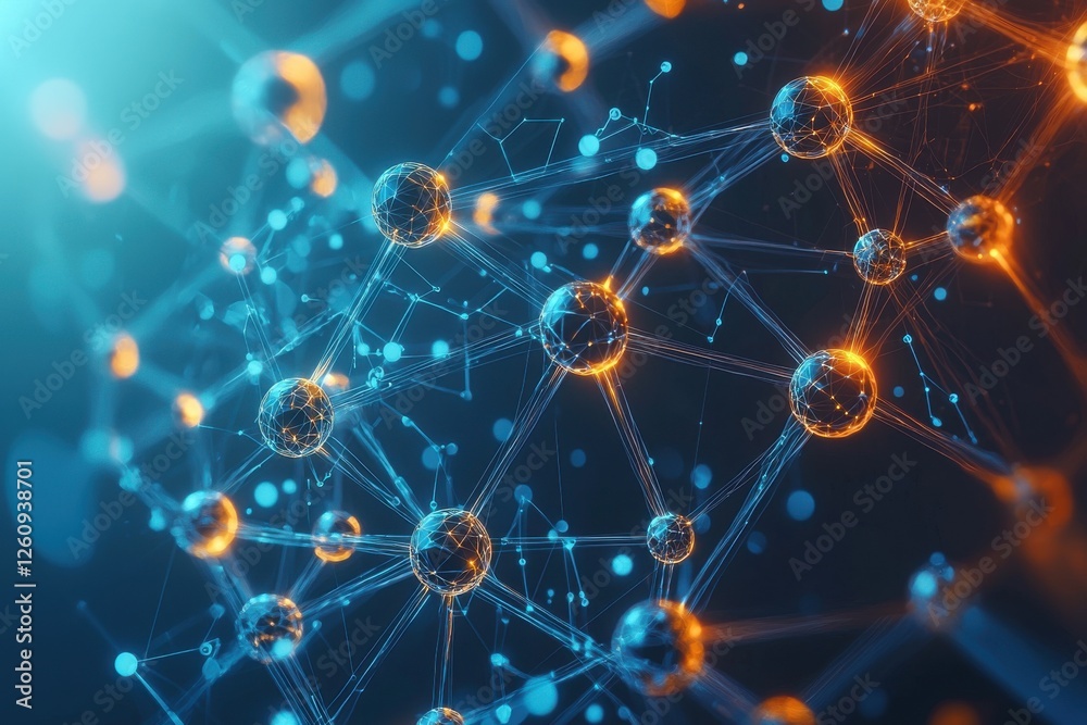 Poster intricate abstract network with interconnected glowing nodes and lines in blue and orange.