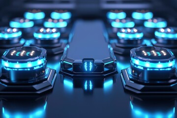 Футуристическая платформа с синей подсветкой, представляющая цифровые технологии и инновации.