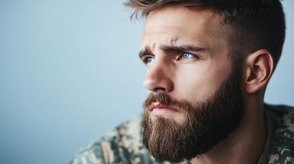 Obraz premium A close-up portrait of a thoughtful young man with a full beard, deep blue eyes, and a contemplative expression, showcasing emotions and character.