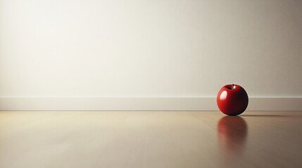 Red Apple Placed on Polished Wooden Floor in Minimalist Room with Soft Ambient Light