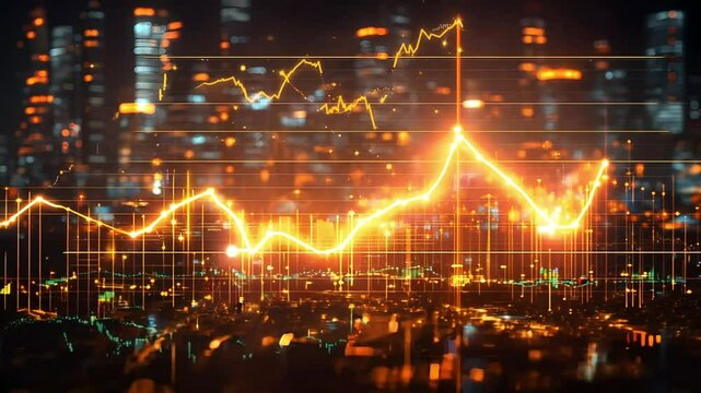 Night Cityscape with Dynamic Stock Market Graph Overlay