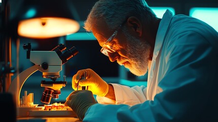 A focused scientist examines a specimen under a microscope in a laboratory, highlighting the intricate details of the research process.