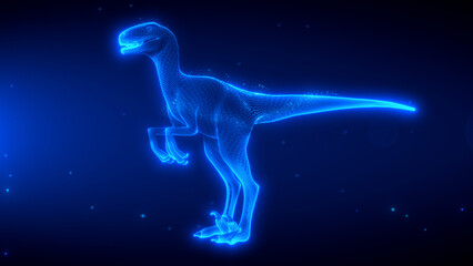 Glowing blue holographic 3D wireframe illustration of a dinosaur in a futuristic sci-fi style. A digital representation of a prehistoric creature with neon lighting on a dark background © agratitudesign