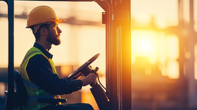 A focused operator driving a forklift at sunset, showcasing diligent work in an industrial environment. Safety gear highlighted in this dynamic scene.