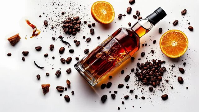 alcoholic coffee beans and lemon top view. Selective focus