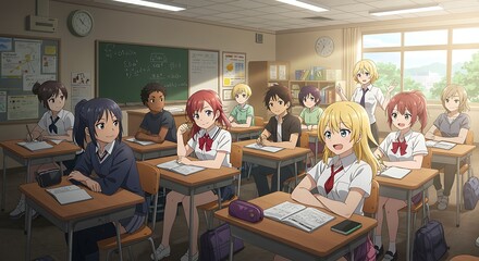 Anime Classroom Scene with Students Learning and Teacher in Background
