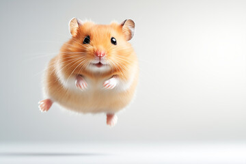 adorable hamster mid-air jump on white background