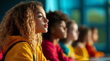 Obraz premium A group of diverse young students attentively listening in a classroom setting, each displaying curiosity and engagement as they learn together.