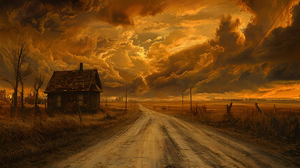 Fototapeta premium Rural farmhouse sunset, country road, dramatic sky, landscape