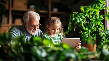A heartwarming moment between a grandfather and granddaughter sharing knowledge on a tablet surrounded by lush green plants in a cozy environment.