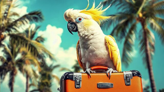 parrot on a suitcase on a beach background. Selective focus