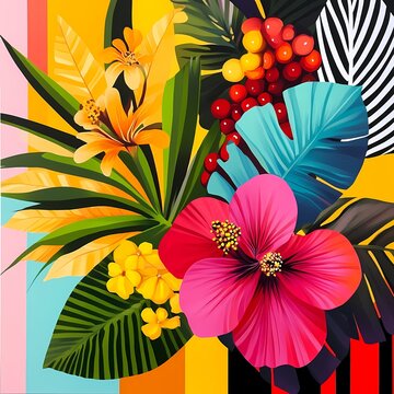 Lush tropical composition with graphic flowers, leaves, and colorful fruit clusters in yellow, red, and pink, blending pop art style with geometric patterns and stripes on a shaped canvas.

