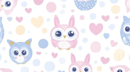 Fototapeta premium Adorable Pastel Owls Hearts and Circles Pattern